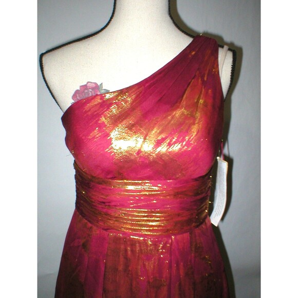 New NWT $310 Womens 6 Aidan Mattox Silk Metallic One Shoulder Dress Red Gold - Picture 4 of 12